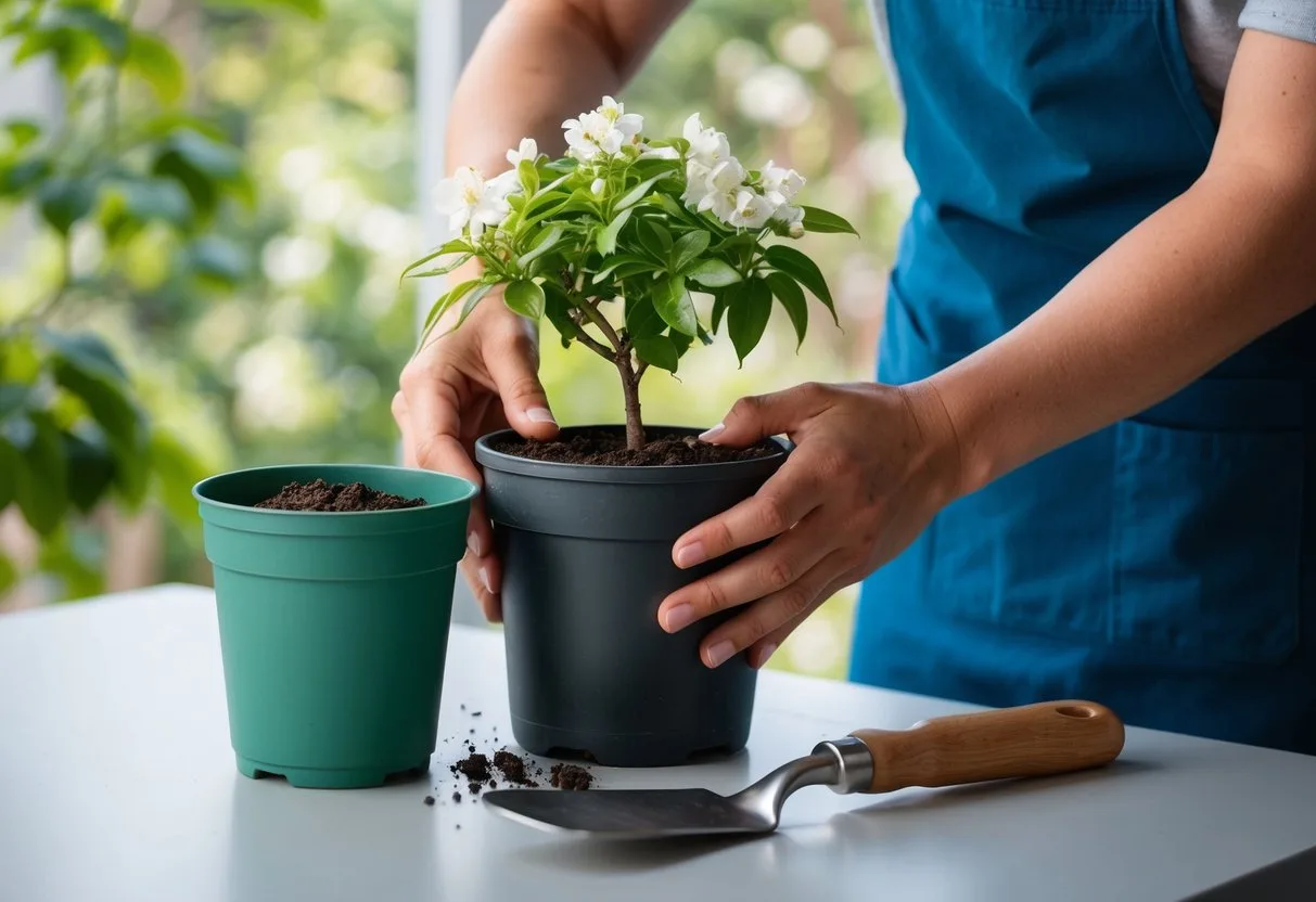 A pair of hands holding a small jasmine plant, a pot, soil, and a trowel on a table. The hands are carefully repotting the plant into a larger container