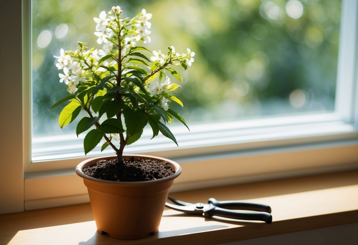 A pot with soil, jasmine plant, and a small pair of pruning shears on a sunny windowsill