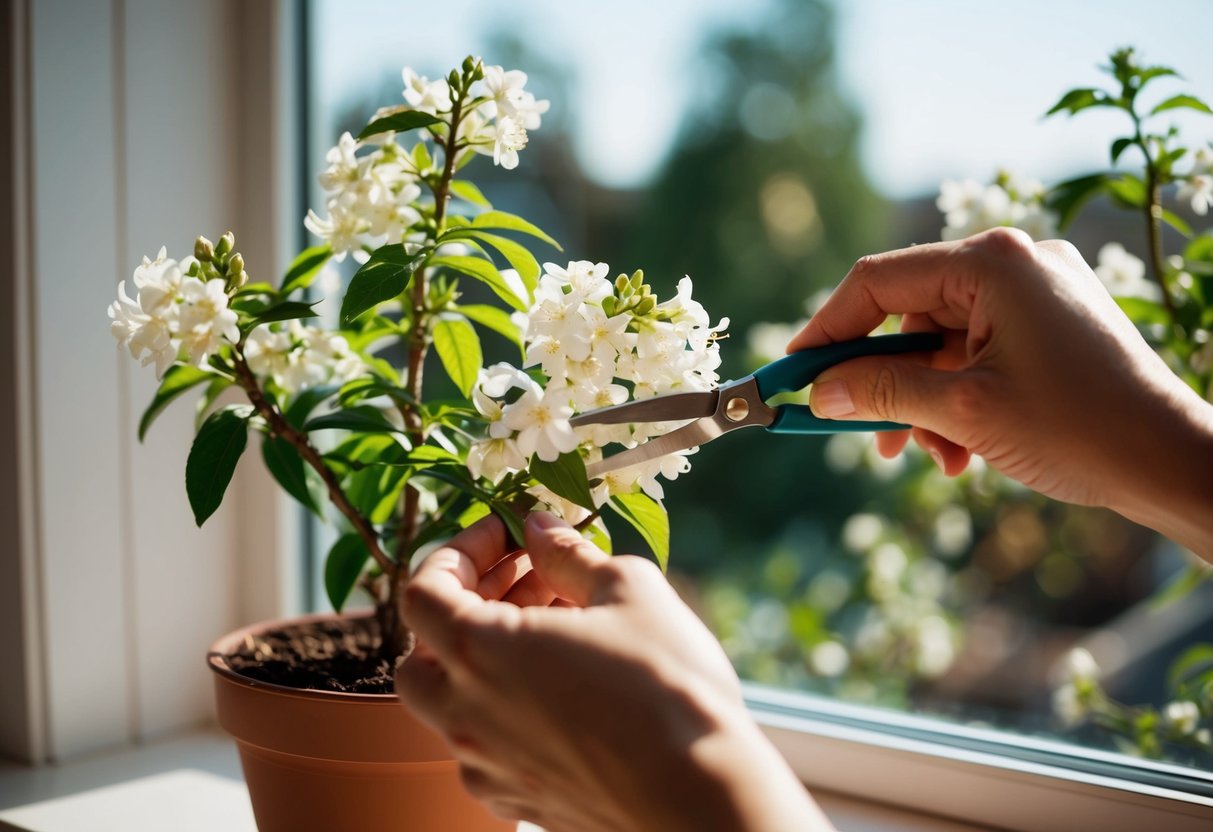 A pair of hands gently snipping jasmine flowers from a potted plant on a sunny windowsill