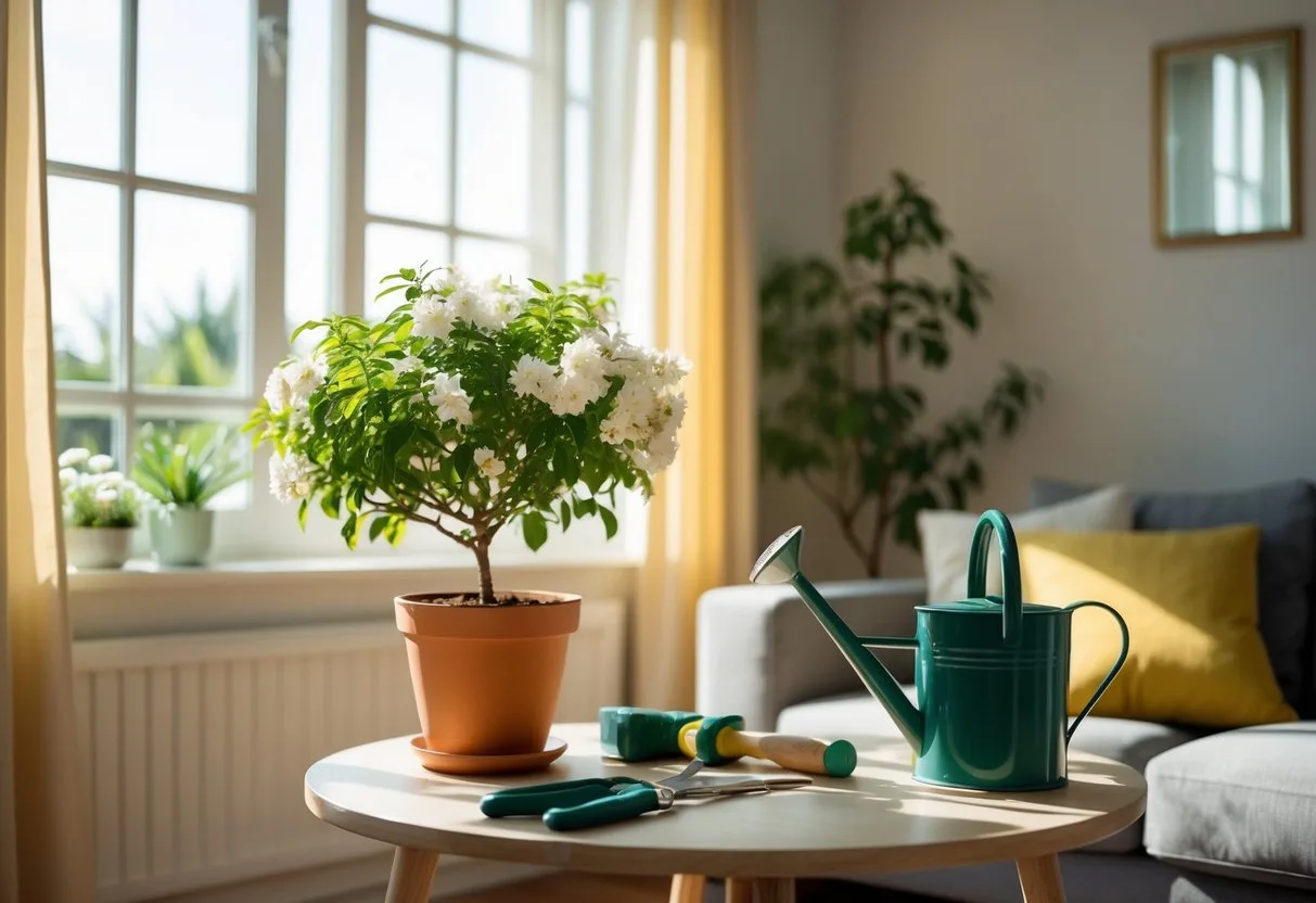 A cozy living room with sunlight streaming in through the window, where a potted jasmine plant sits on a table surrounded by gardening tools and a watering can