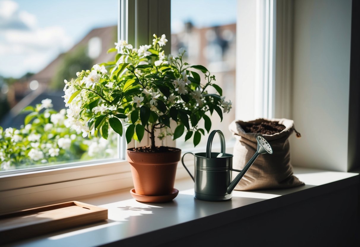 A cozy indoor space with a jasmine plant on a windowsill, receiving sunlight. A small watering can and a bag of soil nearby